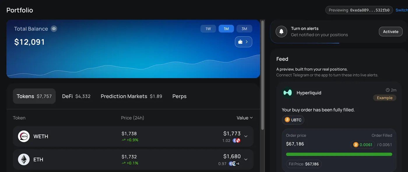 Otomato desktop portfolio dashboard with a live feed of on-chain alerts