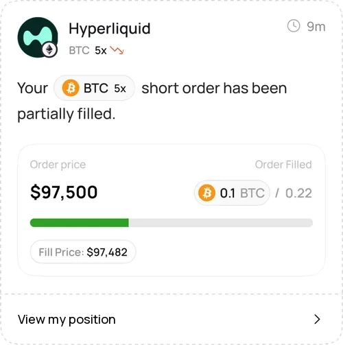 Hyperliquid alert: BTC 5x short order partially filled